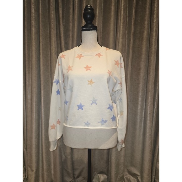 Z Supply Girls Cream Pastel Distressed Star Print Cropped Sweatshirt Size L - Picture 3 of 4